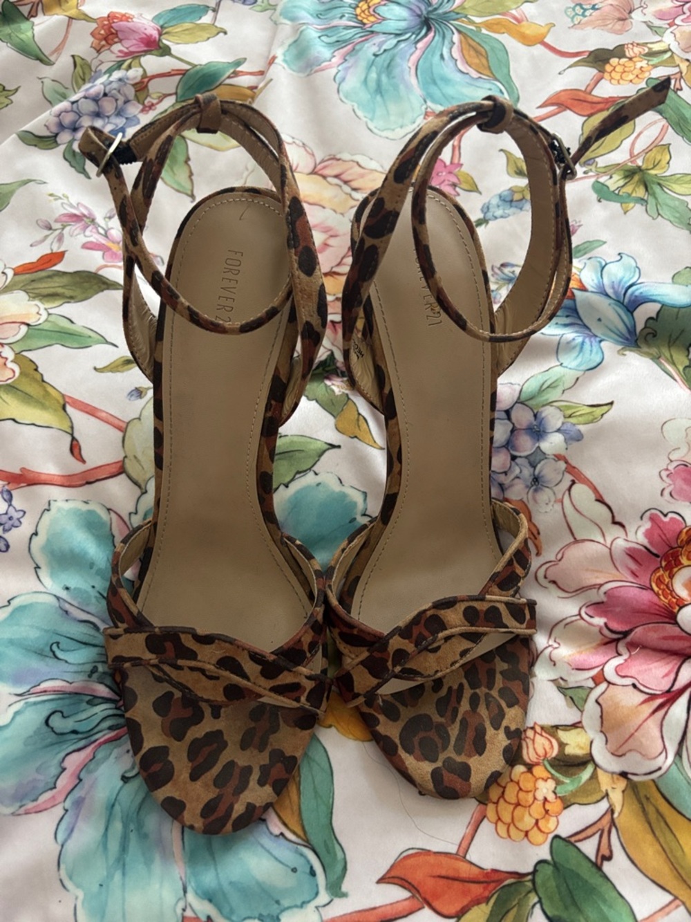 Forever 21 Leopard Print Ankle Strap Heeled Sandals - tan and black